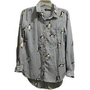 Max Jeans Size Small Blue Pinstripe Penguin Print Long Sleeve Blouse